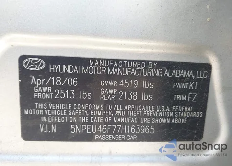 2007 Hyundai Sonata Limited/Se V6 z USA, uszkodzony, nr VIN 5NPEU46F77H163965